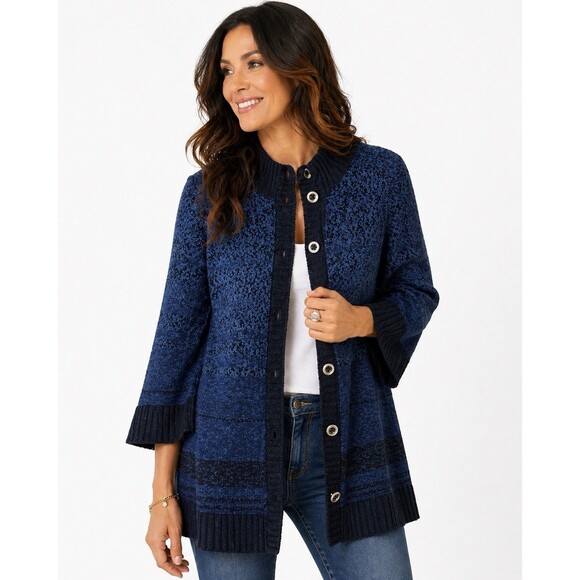 Peruvian Connection Sweaters - Peruvian Connection Ombre Blue Pima Cotton Cardigan Sweater Boho Size Large